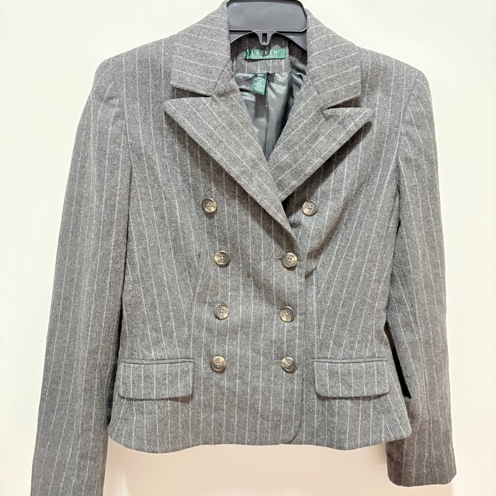 Lauren Ralph Lauren Pinstripe Wool Blazer Women Grey size 6 Double Breasted